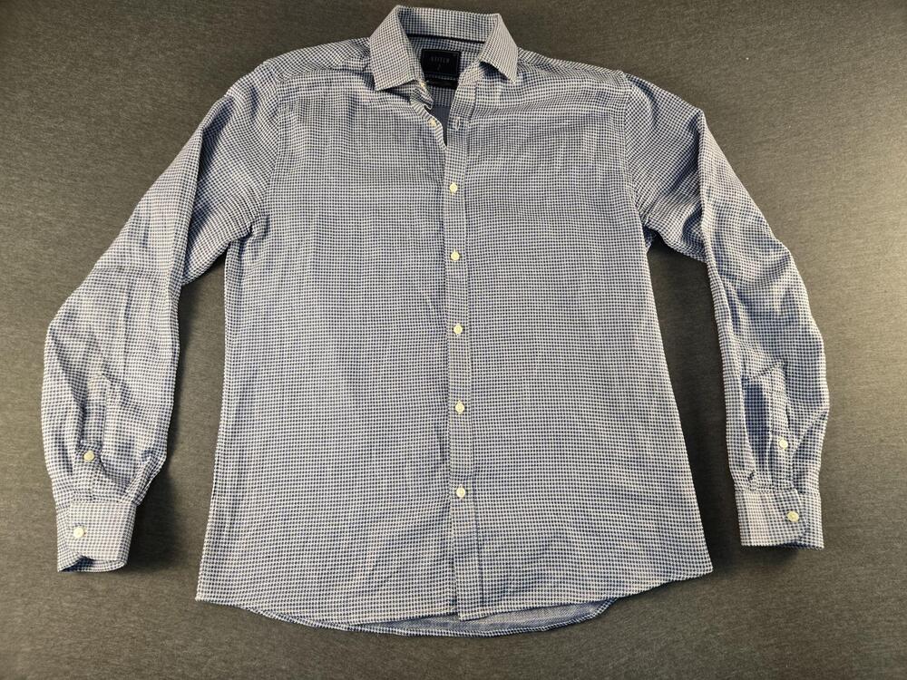Stitch Note Dress Shirt Mens Medium Blue Check Egyptian Cotton Button Front